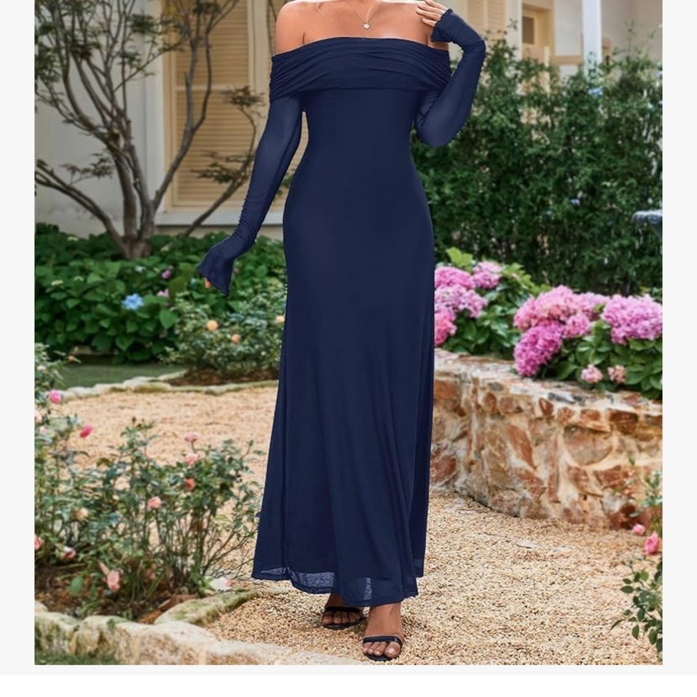 Amazon Blue Off-Shoulder Long Sleeve Gown